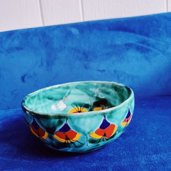 Mexican Art Bowl in Vibrant Colors, Green, Turquoise, Red & Black 3"x 2.5" - Picture 2 of 4